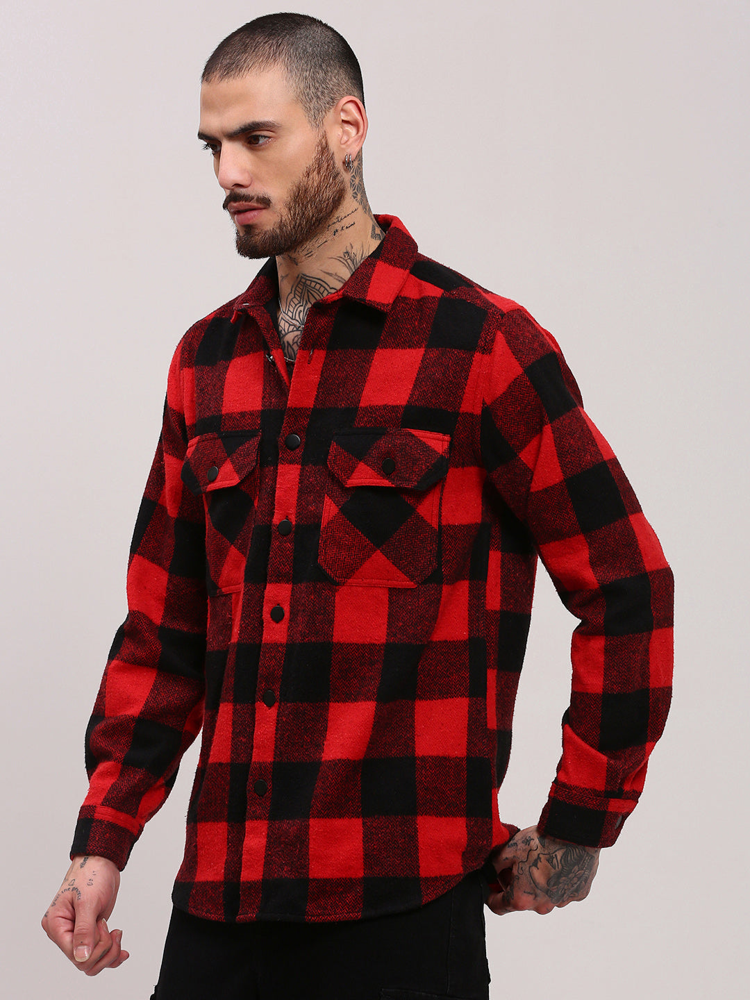 Men Red Checked Shacket