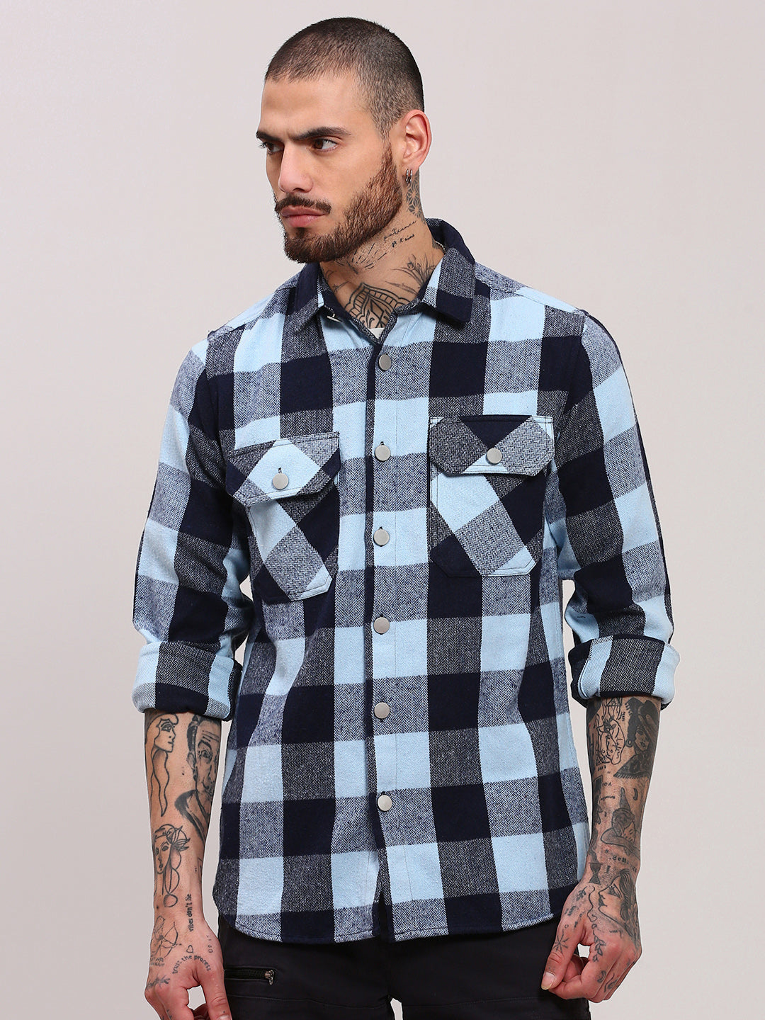 Men Blue Checked Shacket