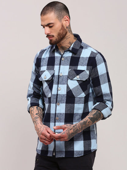 Men Blue Checked Shacket