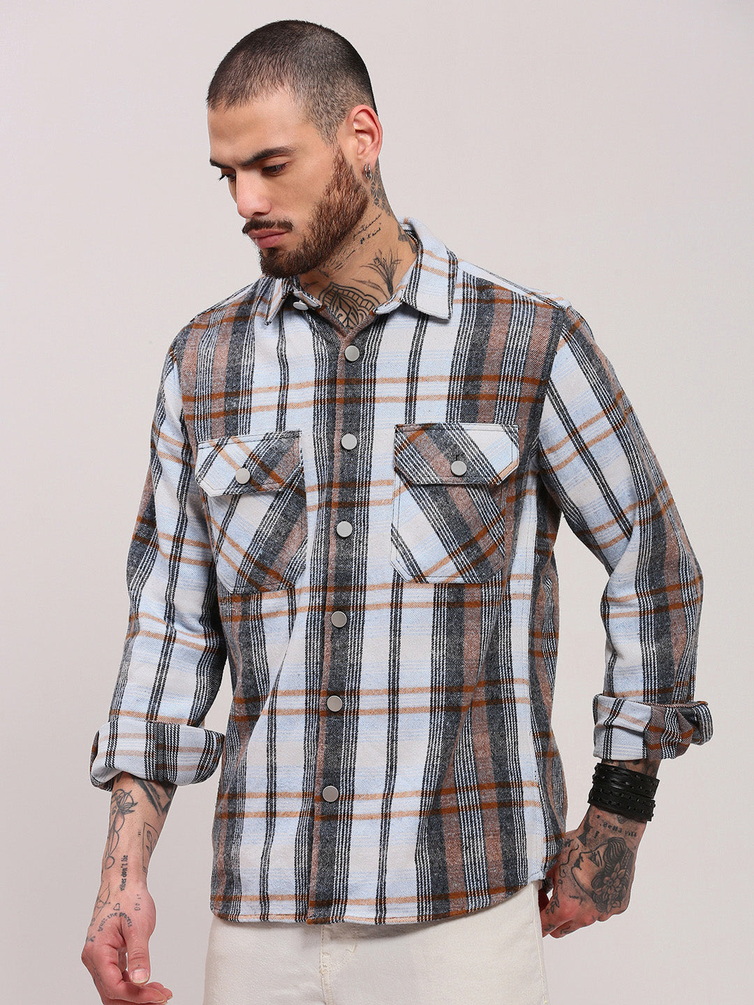 Men Grey Checked Shacket