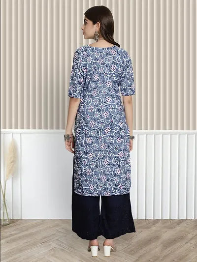 Stylish A-Line Blue Printed Crepe Kurta For Women