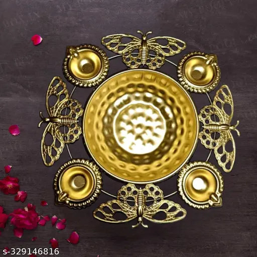 New Diya Shape Flower Decorative Urli Bowl for Home Handcrafted Bowl for Floating Flowers and Tea Light Candles Home,Office and Table Decor| Diwali Decoration Items, Metal, Gold 