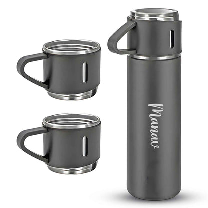 Customized Stainless Steel Vacuum Flask Set with 3 Cups – 500ML | Personalized Name Bottle Gift Combo for Boyfriend, Girlfriend, Employee
