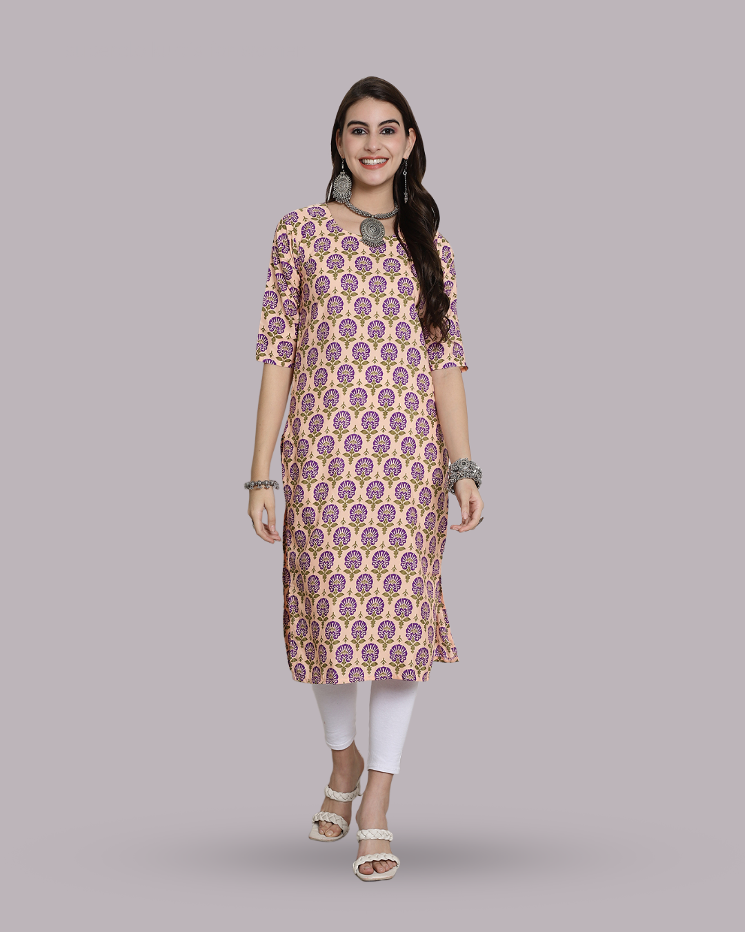 Soft Beige and Violet Bloom Kurta 