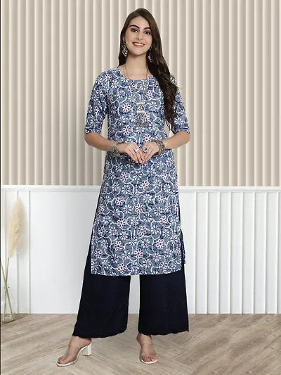 Stylish A-Line Blue Printed Crepe Kurta For Women