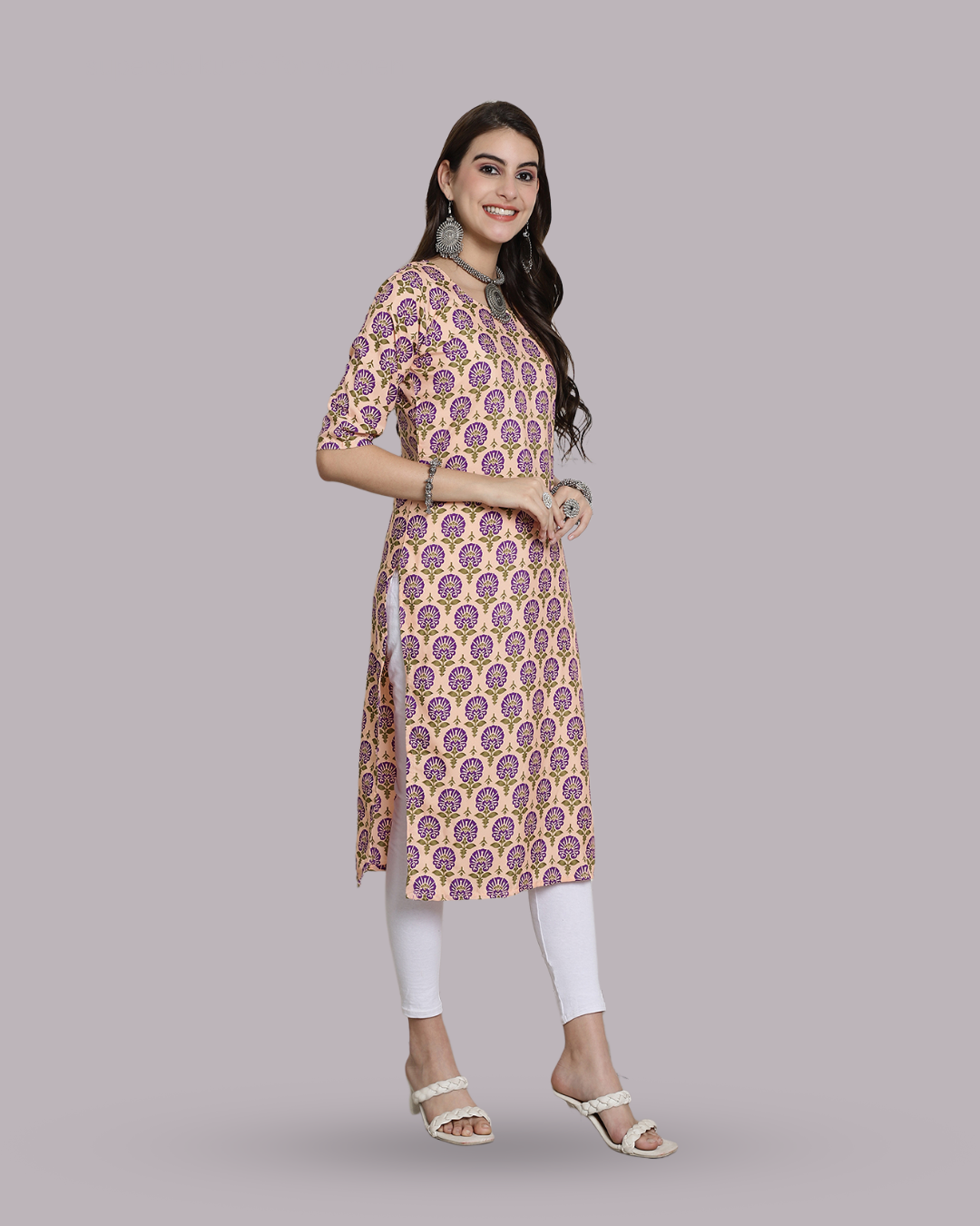 Soft Beige and Violet Bloom Kurta 