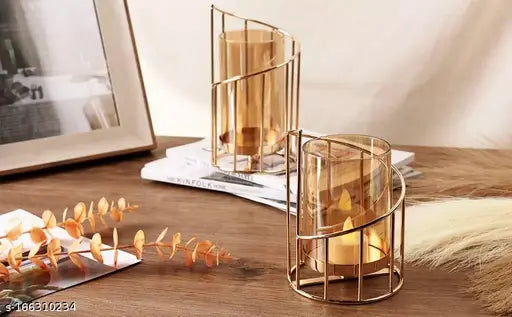 Kraphy Metal Geometric Candle Holder Gold Pillar Candle Holder With Removable Glass 