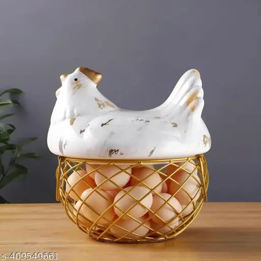 Kraphy Gold Matel mesh L Shape Wire Egg Storage With White Ceramic Farm Chicken Top And Handles (White Gold Print 
