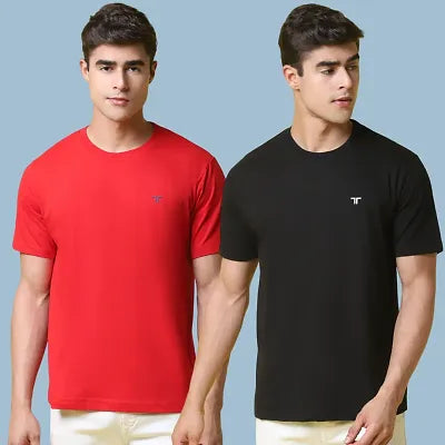 Reliable Cotton Blend Solid Round Neck Tees For Men- Pack Of 2