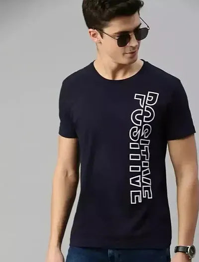 Stylish Navy Blue Cotton Blend Tshirt For Men