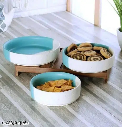 Kraphy Microwave & Dishwasher Safe Ceramic Bowl Set of 3- 350ml White & Blue 