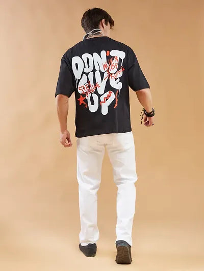 Reliable Black Cotton Blend Printed Round Neck OverSized T-Shirt For Men