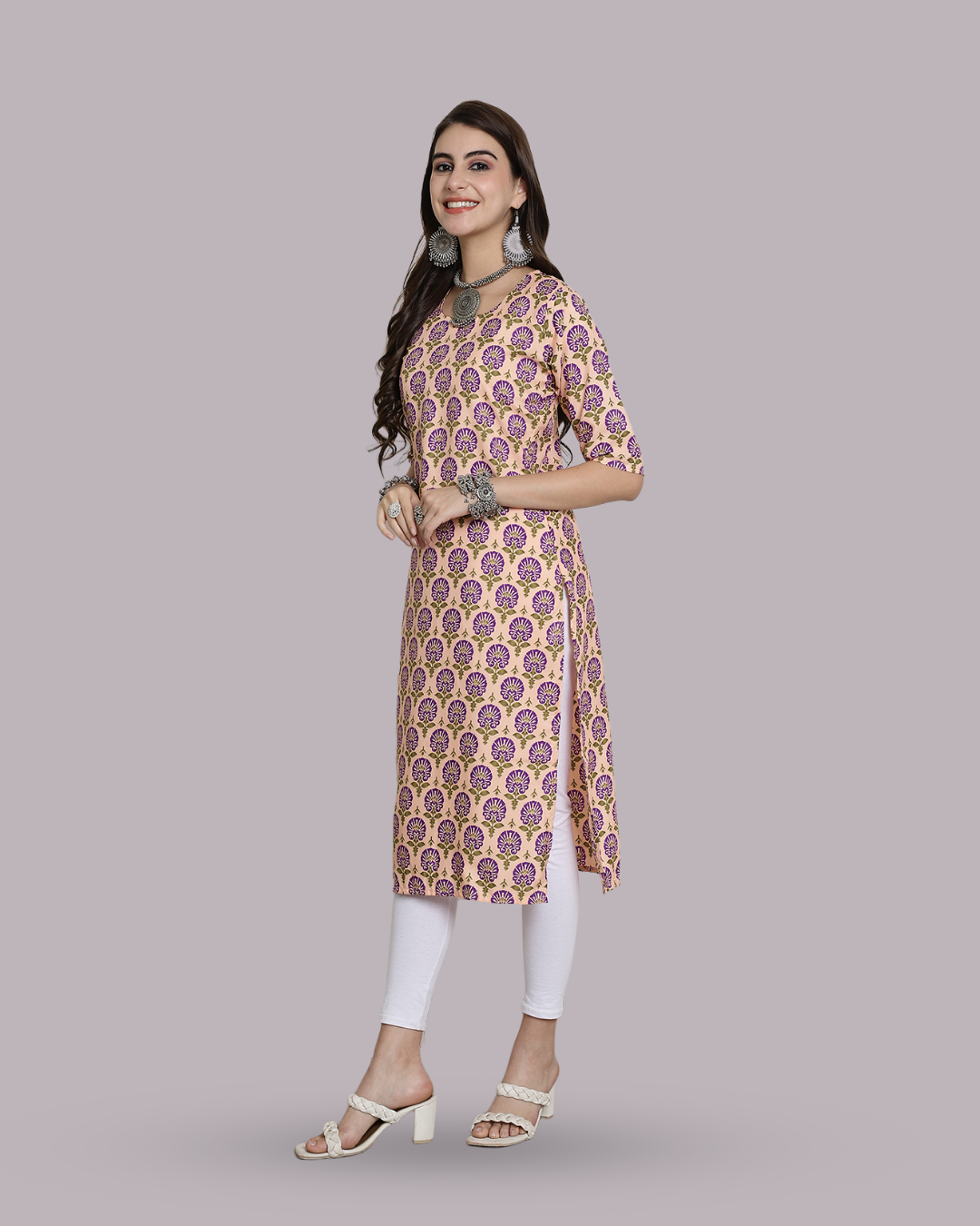 Soft Beige and Violet Bloom Kurta 