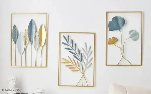 Kraphy Gold Metal Wall Decor Leaf Wall Hanging Decoration- Set of 3 Metal Wall Art 