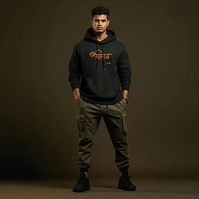 Elegant Black Wool Printed Long Sleeves Hoodies