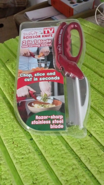 2-in-1 Kitchen Scissor – Spring Locking Knife & Chopping Board (1 Pc)