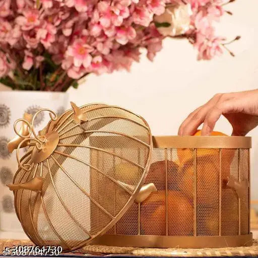 Kraphy Fruit Basket with mesh (Jaali) & Lid Countertop Ideal (Golden) 