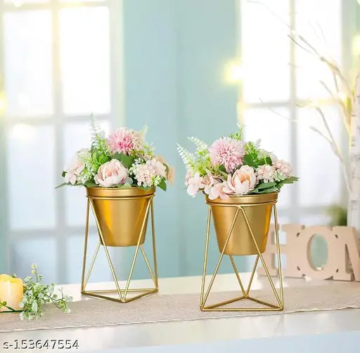 Kraphy Set of 2 Round Gold Metal Flower Pot with Cross Style Stand Planter Plant Stand Gold (Size-16.50x22 cm) 