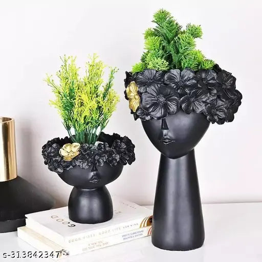 Kraphy Prety littile Golden And Black Modern Head Vase Statue Planter Pot,Greek Bust Head Flower Vase,Resin,Lady Face Pots for Plants Decoration Black (Set of 2) 