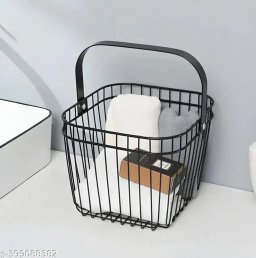 Kraphy Metal Bathroom Storage Organizer Basket Bin - Modern Wire Grid Design for Organization in Cabinets, on Countertops, Bedroom, Kitchen, Bathroom, Garage (Pack of 1, Black) 