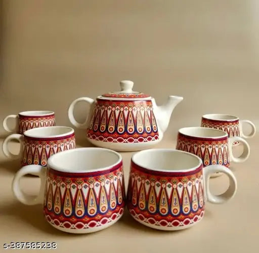 Kraphy Hand Painted Ceramic Tea Kettle Set with 6 Cups(150ml), 1 Kettle(400ml)ceramic Good Morning Set- Set of 7 color- Multicolor, Microwave Safe 