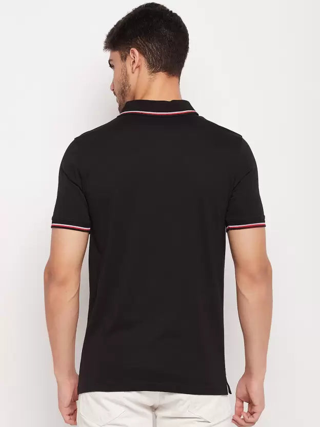 UNIBERRY Men Solid Polo Neck Cotton Blend Black T-Shir