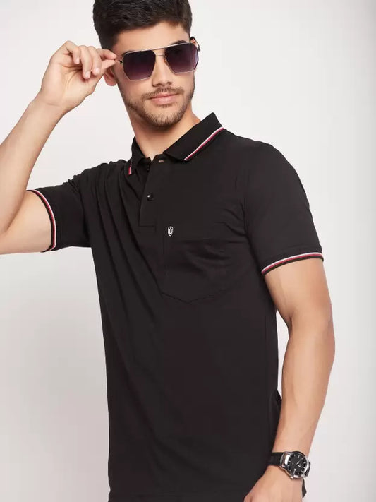 UNIBERRY Men Solid Polo Neck Cotton Blend Black T-Shir