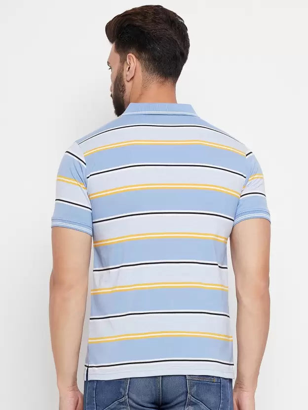 UNIBERRY Men Striped Polo Neck Cotton Blend Light Blue T-Shirt