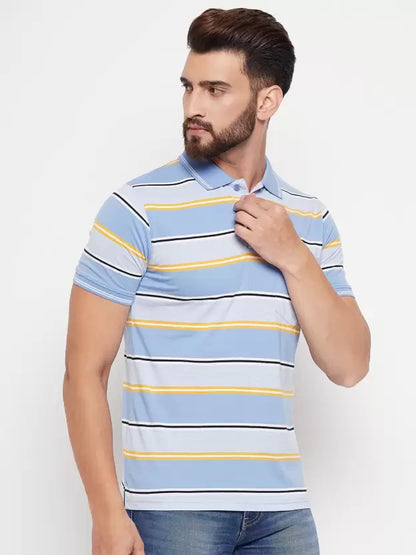 UNIBERRY Men Striped Polo Neck Cotton Blend Light Blue T-Shirt