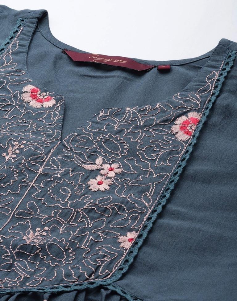 Turquoise Blue Embroidered Short Top 