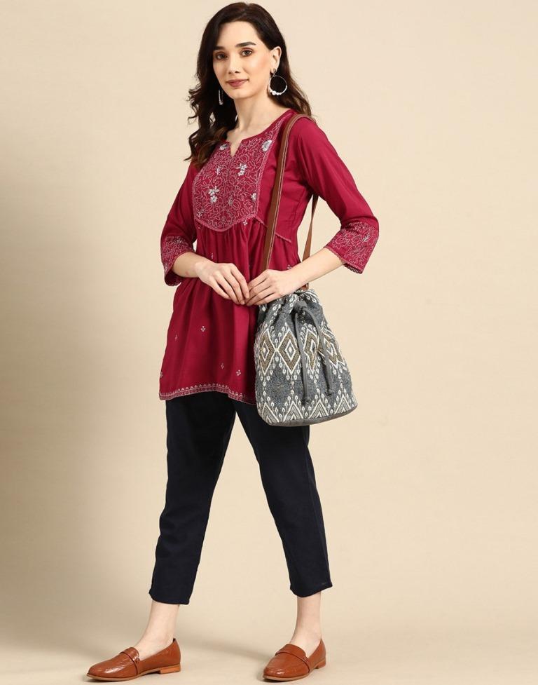 Maroon Embroidered Short Top 