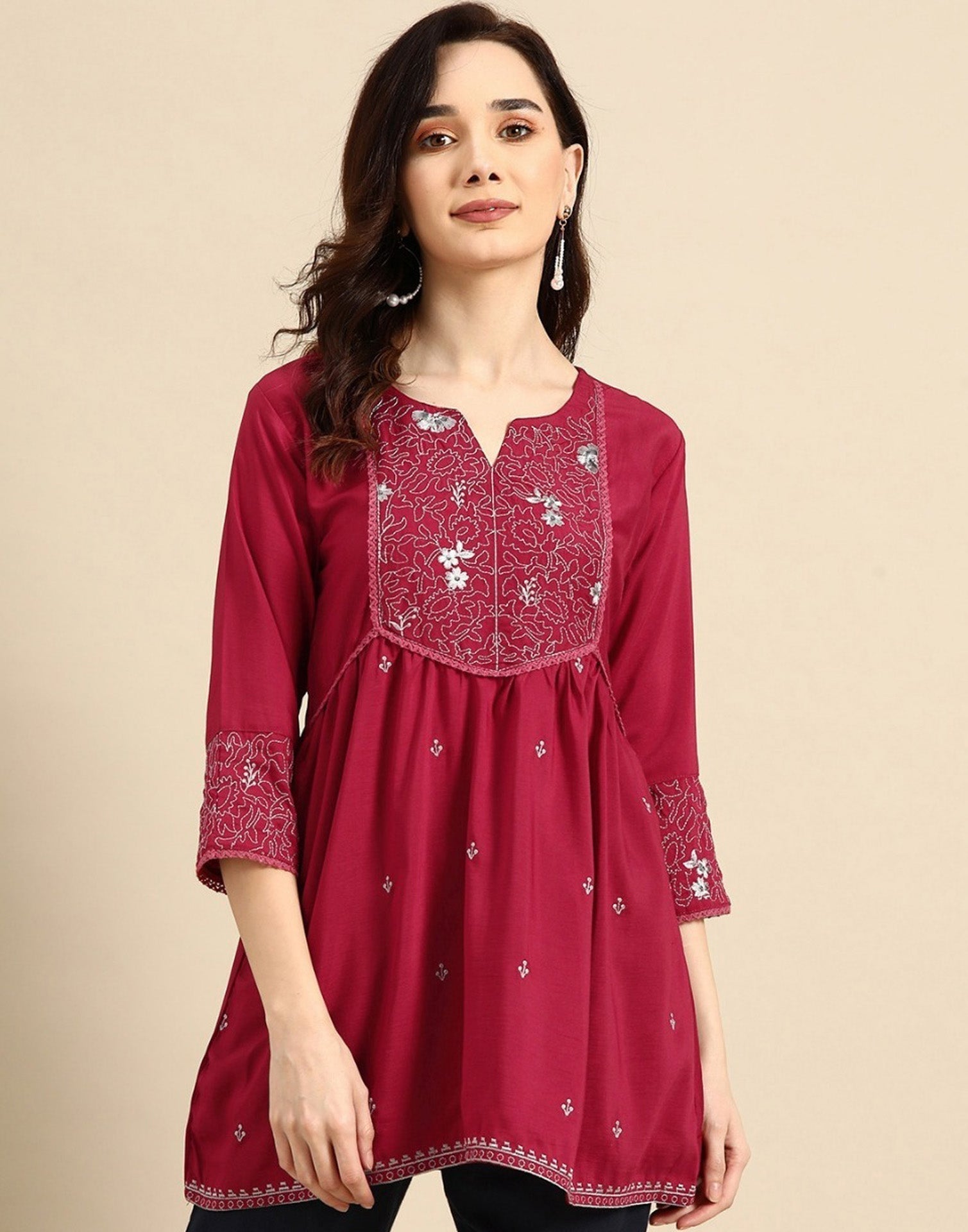 Maroon Embroidered Short Top 