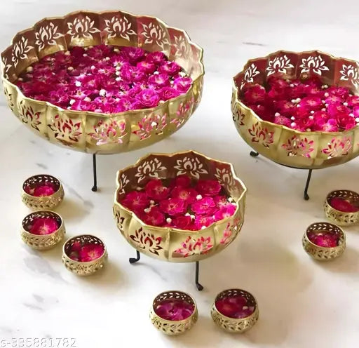 Kraphy Iron Solid Lotus Urli Candle Festive Decor with Stand and Small Bowl (Golden) Set of 13 Pieces 
