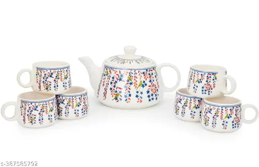 Kraphy Hand Painted Ceramic Tea Kettle Set with 6 Cups(150ml), 1 Kettle(400ml)ceramic Good Morning Set- Set of 7 color- Multicolor, Microwave Safe 