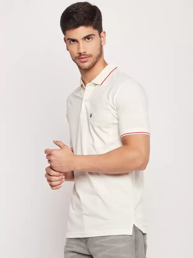 UNIBERRY Men Solid Polo Neck Cotton Blend White T-Shirt