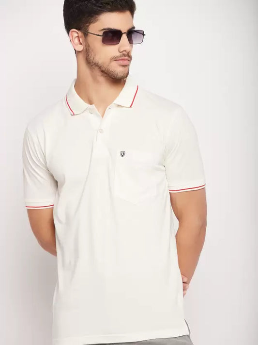 UNIBERRY Men Solid Polo Neck Cotton Blend White T-Shirt