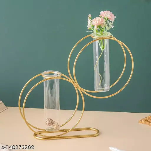 Simple Geometric Metal Wrought Iron Transparent Glass Hydroponic Vase Decoration Dried Flower Arrangement Home Decor 