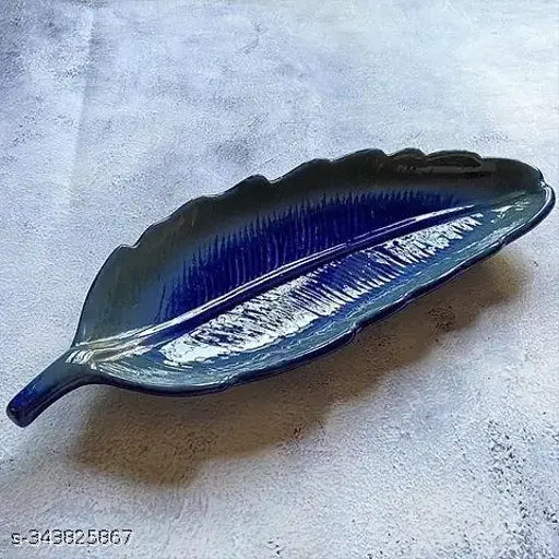 Kraphy Leaf-Shaped Ceramic Blue Glossy Serving Platter Serving Sweets, Cookies, Dry Fruits and Other Snacks 