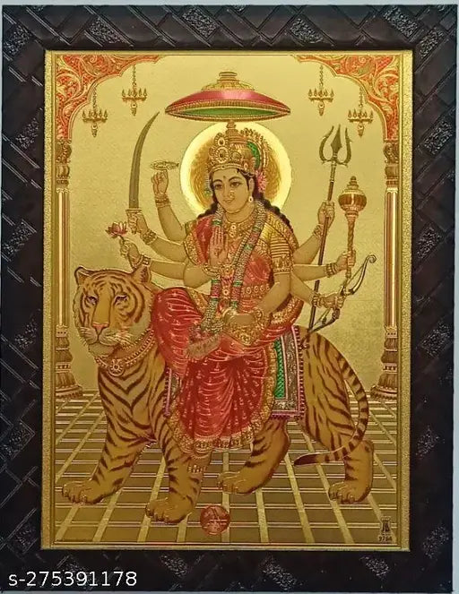 Vaishno Devi Durga Devi Maa Gold Plated Photo Frame, Multicolor Goddess Devi Ambaji Amba Photo Frame 9*12 inches