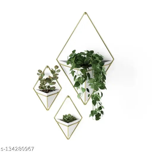 Wall Hanging Planter Vase & Geometric Wall Decor Container Brass/White 