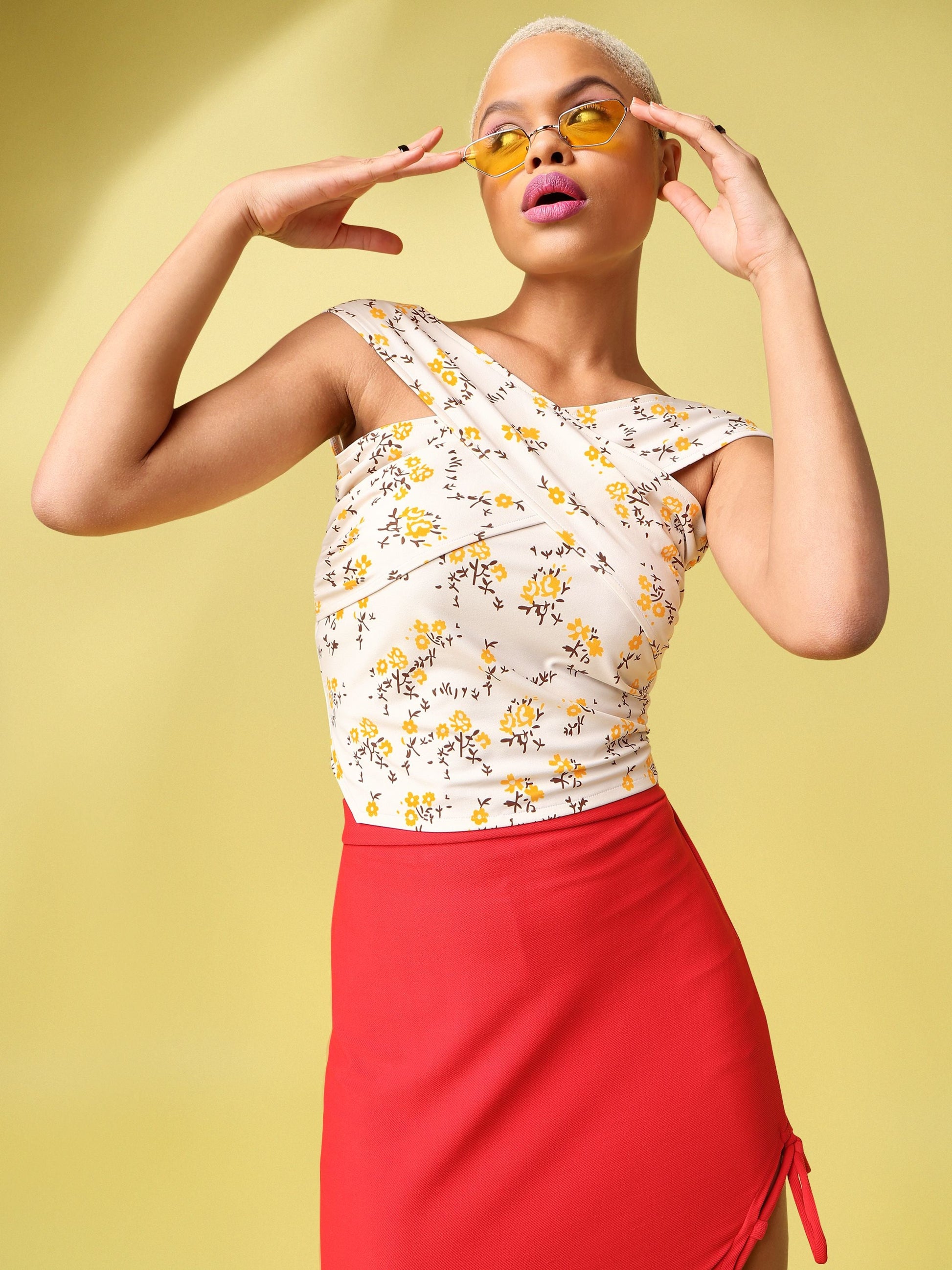 Yellow Off-Shoulder Floral Print Top 