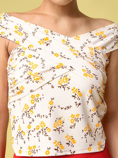 Yellow Off-Shoulder Floral Print Top 