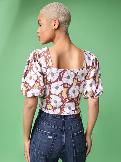 Brown Square Neck Crop Top For Women 