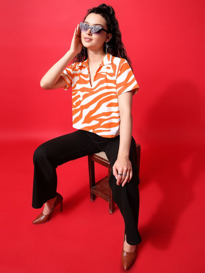 Orange Oversized Top With Johnny Collar