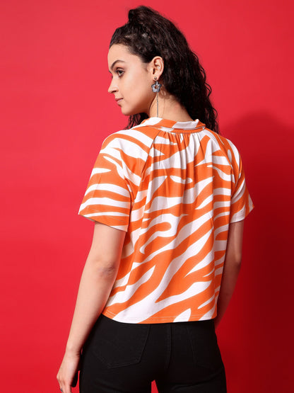 Orange Oversized Top With Johnny Collar