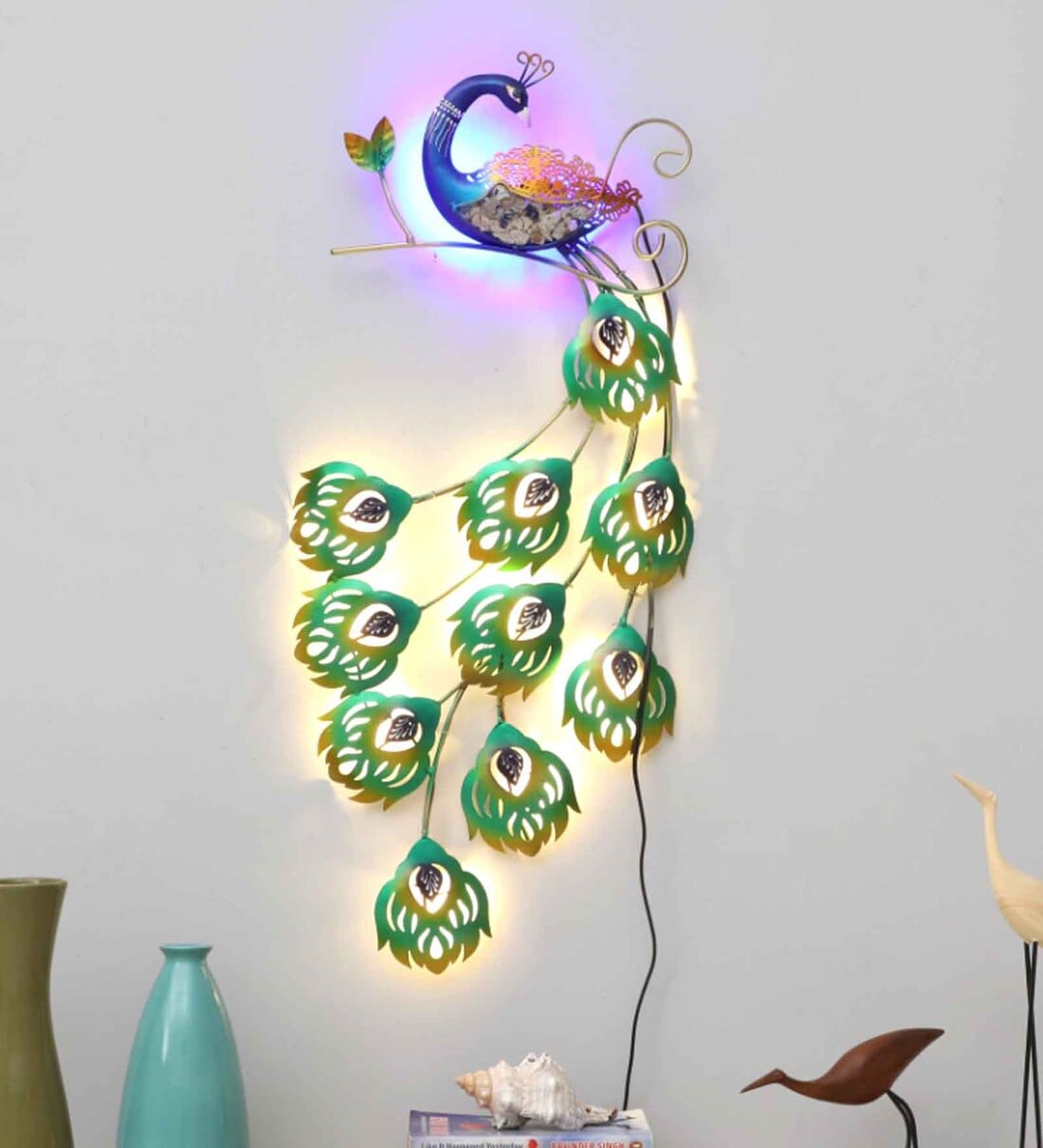 Asthetic Peacock Multicolor Metal LED Wall Art 