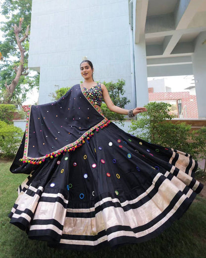 BLACK COLOR PURE MASLIN MIRROR WORK LEHENGA CHOLI