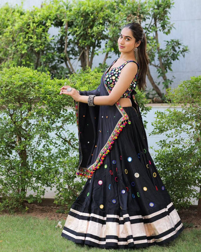 BLACK COLOR PURE MASLIN MIRROR WORK LEHENGA CHOLI