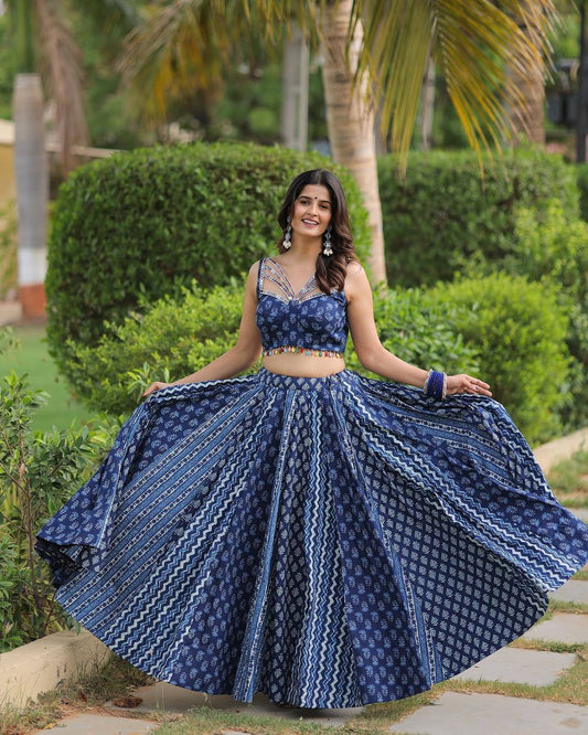 BLUE COLOR PURE MASLIN DIGITAL PRINTED LEHENGA CHOLI