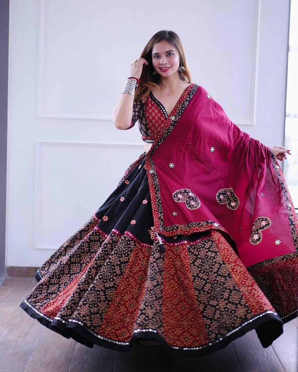 MULTI COLOR RAYON DIGITAL PRINTED WITH REAL MIRROR WORK LEHENGA CHOLI